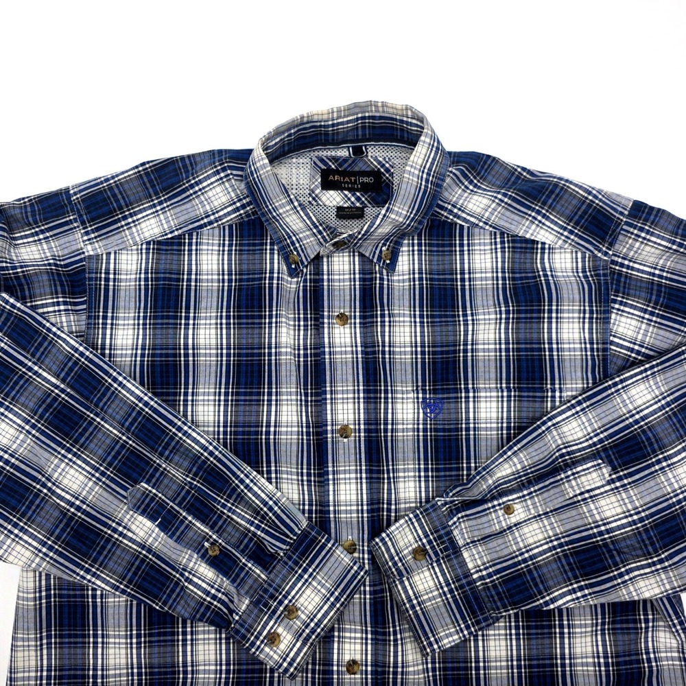 Ariat Pro Series‎ Mens Blue White Plaid Button Down Western Shirt Size M